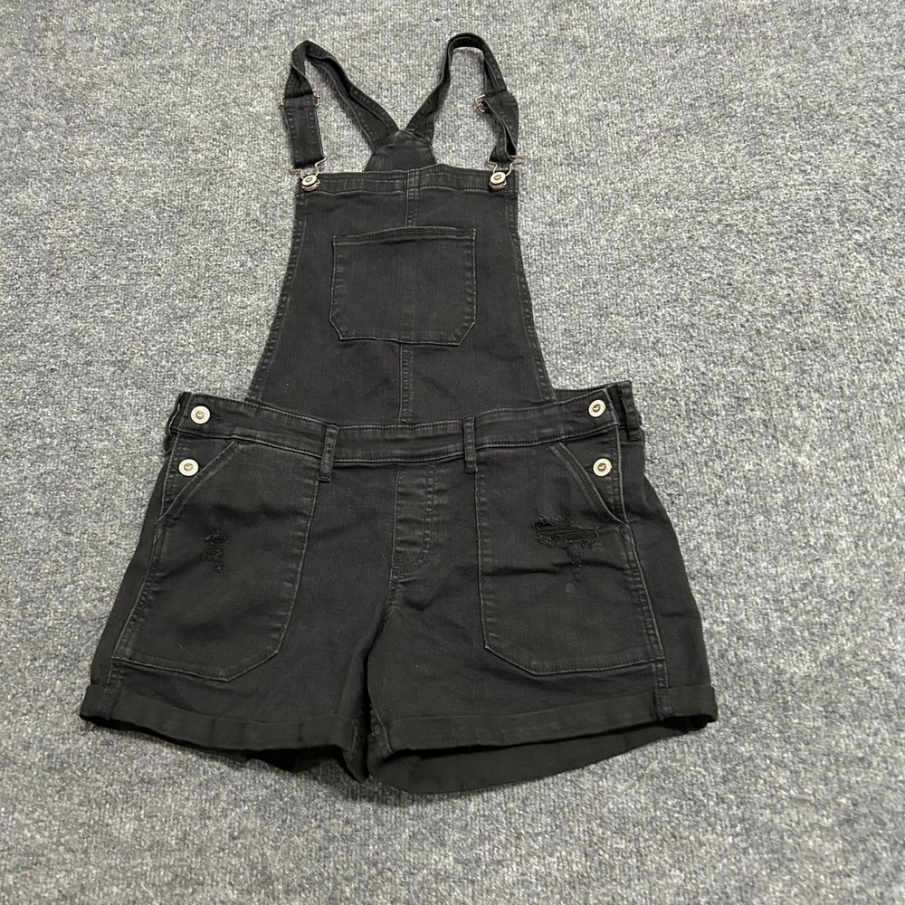 Hollister Overall Shorts Womens Size M Black Low Rise Distressed Denim Cuffed